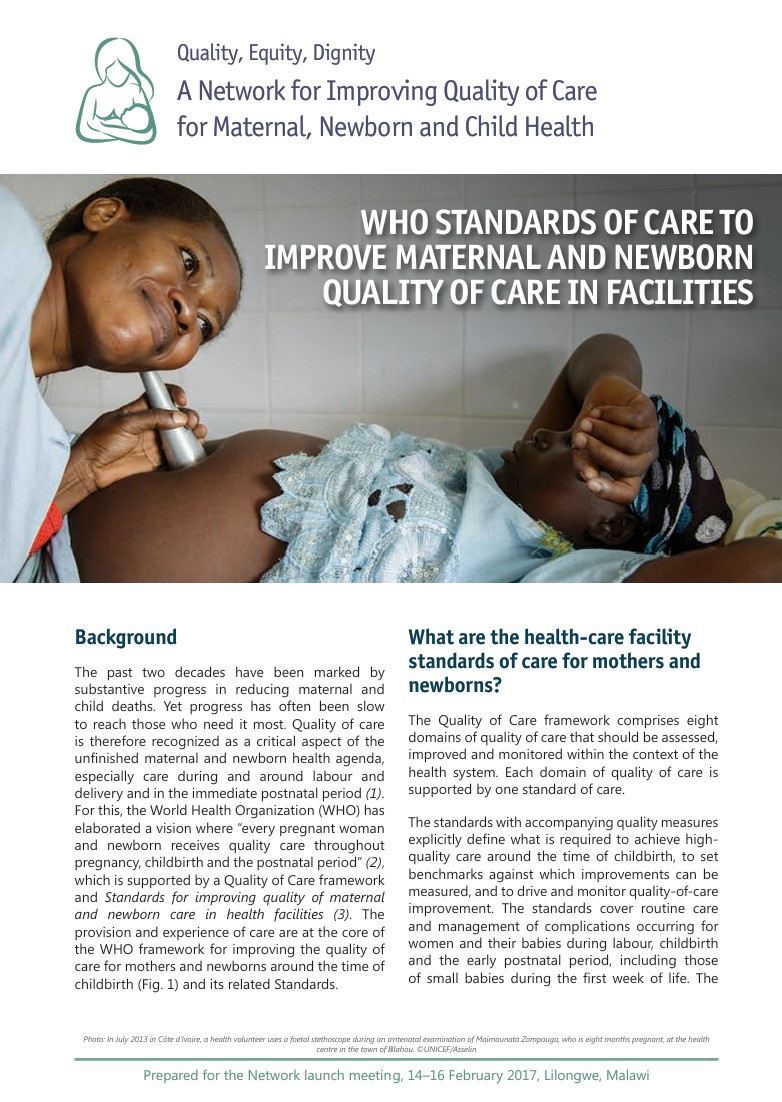 WHO Standards of Care to Improve Maternal and Newborn Quality of Care ...